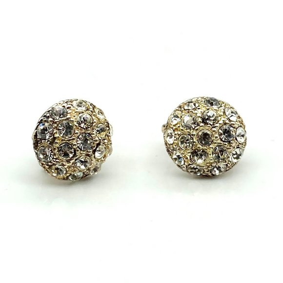Vintage Minimalist Pave Dome Earrings, Silver Tone Sparkle Buttons, Clip On Glam - Picture 2 of 5